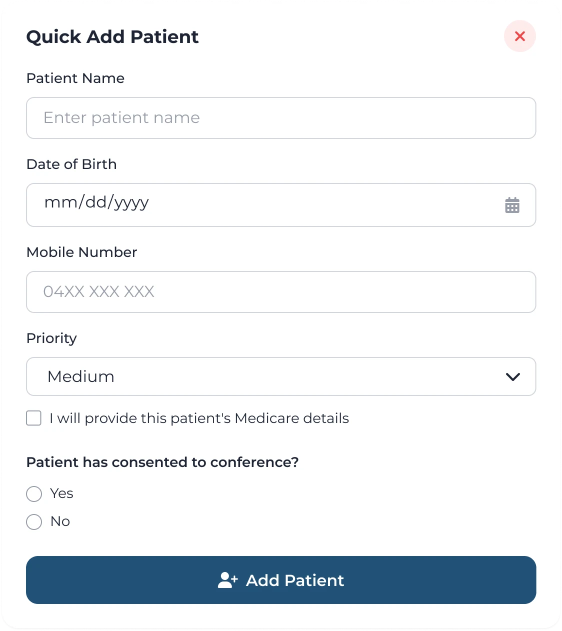 Quick add patient form